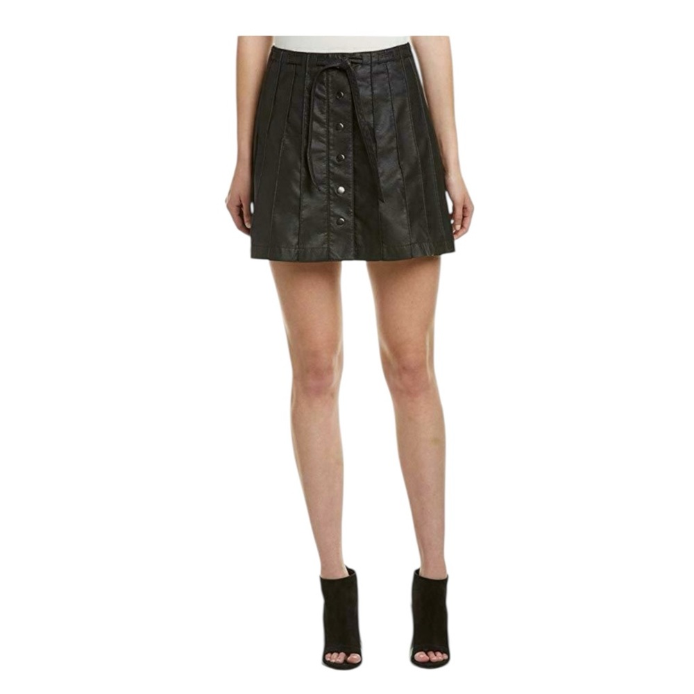 RARE Free People Size 12 Beach Jet Black Vegan Leather Pleated A-Line Mini Skirt